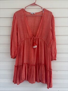 Boho V-Neck Tiered Cover up Dress in Coral Summer Vacation Beach Cruise Coastal